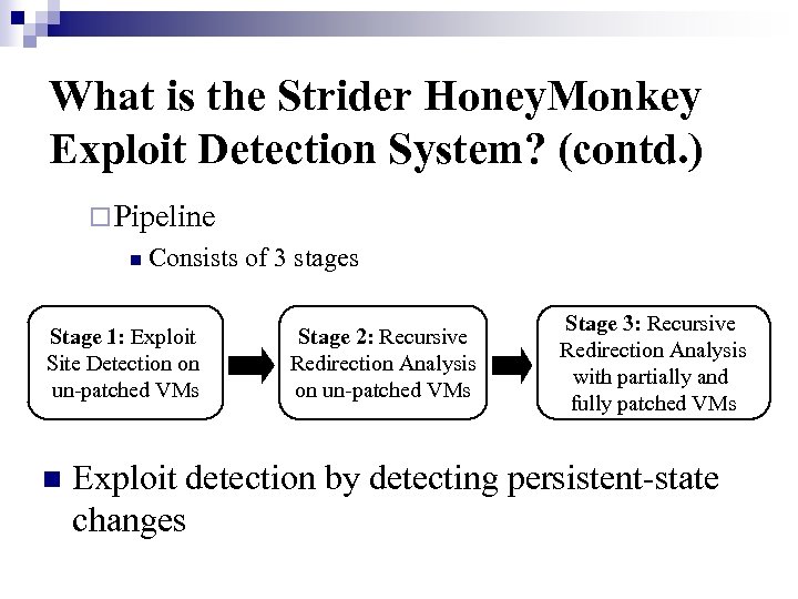 What is the Strider Honey. Monkey Exploit Detection System? (contd. ) ¨ Pipeline n