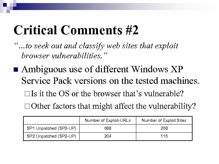 Critical Comments #2 “…to seek out and classify web sites that exploit browser vulnerabilities.