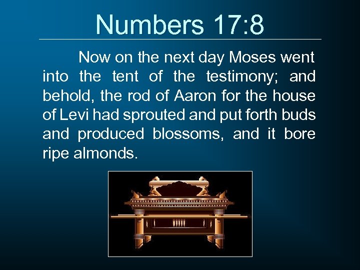 Numbers 17: 8 Now on the next day Moses went into the tent of