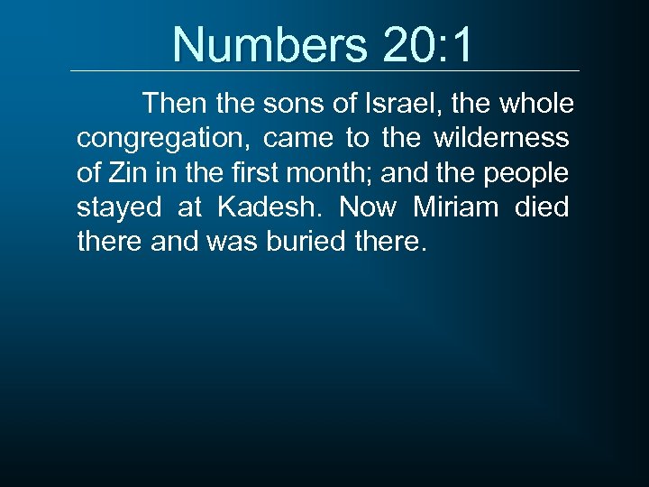Numbers 20: 1 Then the sons of Israel, the whole congregation, came to the