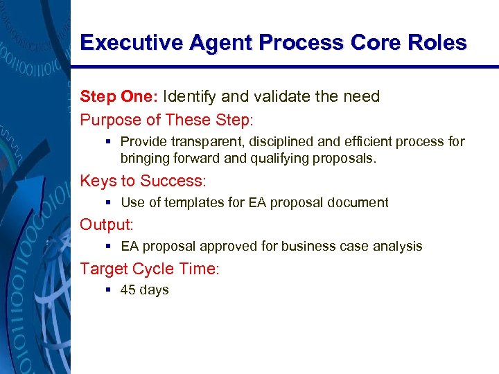 Executive Agent Process Core Roles Step One: Identify and validate the need Purpose of