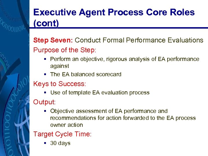 Executive Agent Process Core Roles (cont) Step Seven: Conduct Formal Performance Evaluations Purpose of