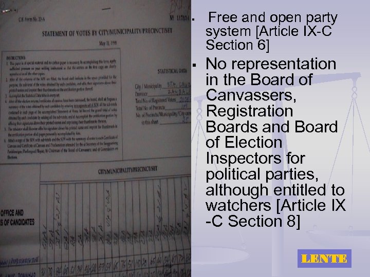 § § Free and open party system [Article IX-C Section 6] No representation in