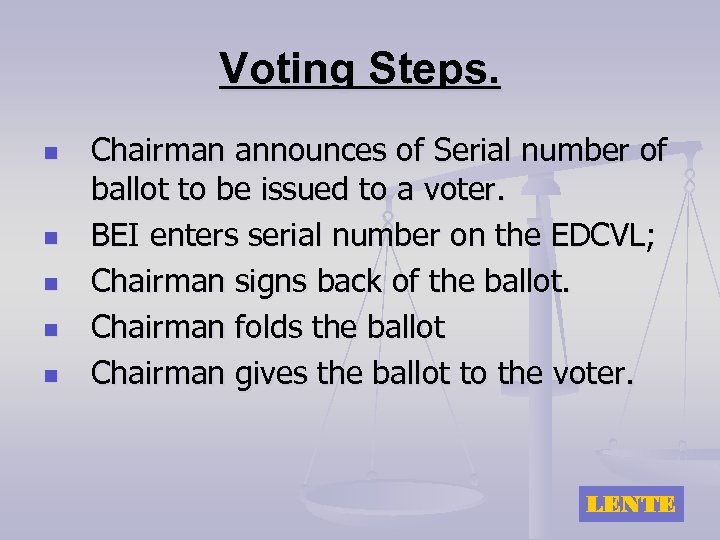 Voting Steps. n n n Chairman announces of Serial number of ballot to be