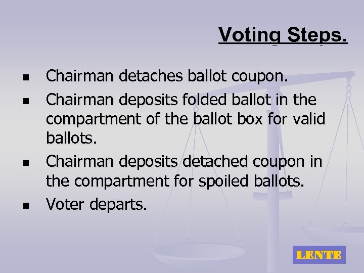 Voting Steps. n n Chairman detaches ballot coupon. Chairman deposits folded ballot in the