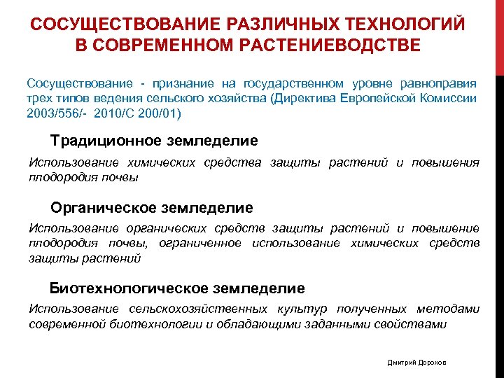 СОСУЩЕСТВОВАНИЕ РАЗЛИЧНЫХ ТЕХНОЛОГИЙ В СОВРЕМЕННОМ РАСТЕНИЕВОДСТВЕ Сосуществование - признание на государственном уровне равноправия трех