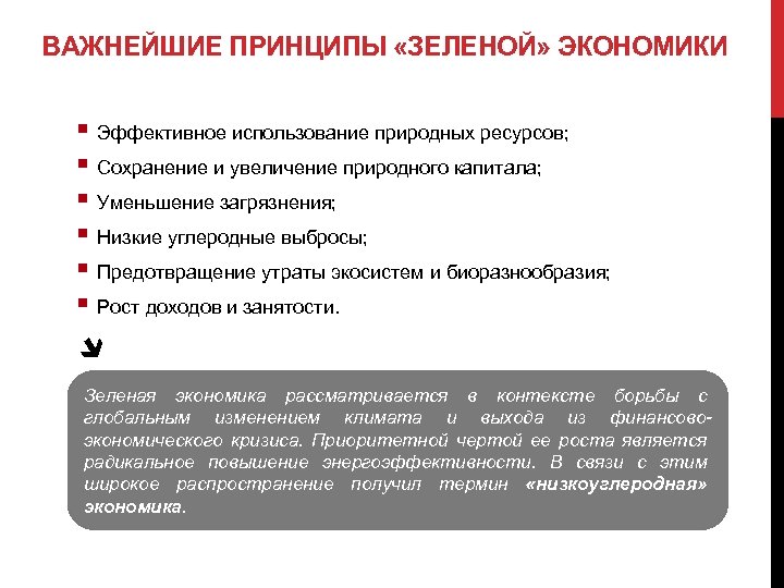 ВАЖНЕЙШИЕ ПРИНЦИПЫ «ЗЕЛЕНОЙ» ЭКОНОМИКИ § Эффективное использование природных ресурсов; § Сохранение и увеличение природного