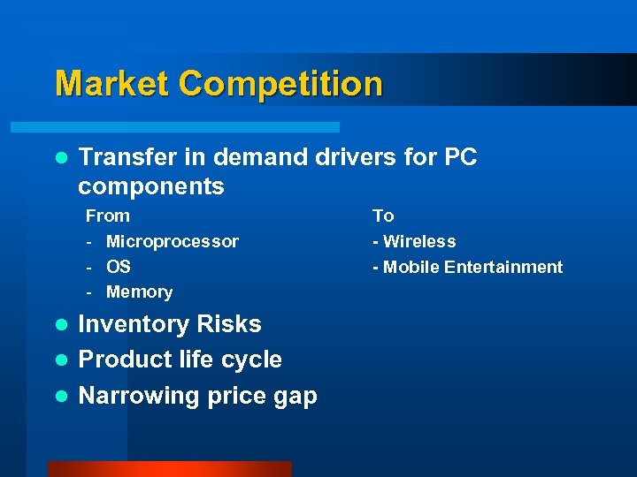 Market Competition l Transfer in demand drivers for PC components From - Microprocessor -