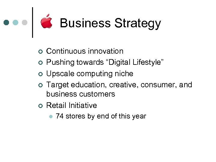 Business Strategy ¢ ¢ ¢ Continuous innovation Pushing towards “Digital Lifestyle” Upscale computing niche