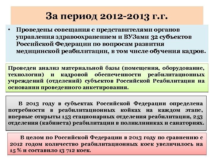 За период 2012 -2013 г. г. • Проведены совещания с представителями органов управления здравоохранением