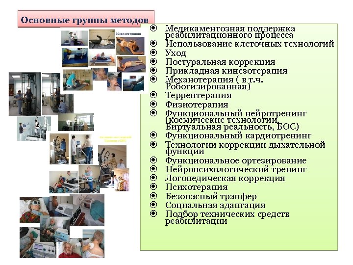 Основные группы методов Медикаментозная поддержка реабилитационного процесса Использование клеточных технологий Уход Постуральная коррекция Прикладная