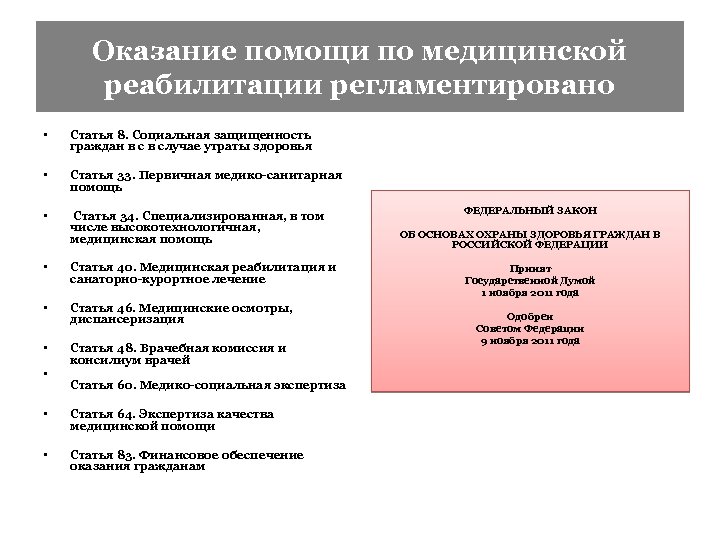 Оказание помощи по медицинской реабилитации регламентировано • Статья 8. Социальная защищенность граждан в случае