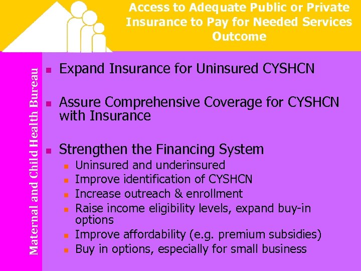 Maternal and Child Health Bureau Access to Adequate Public or Private Insurance to Pay