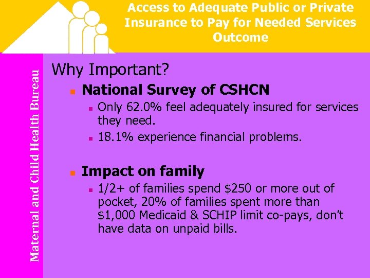 Maternal and Child Health Bureau Access to Adequate Public or Private Insurance to Pay