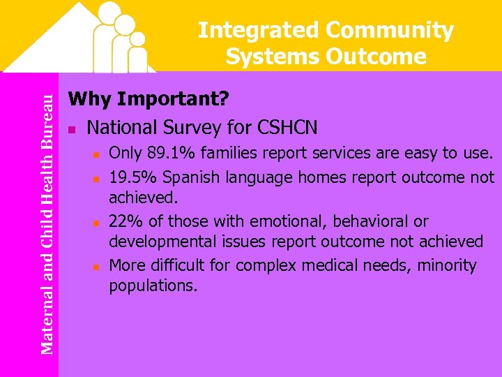 Maternal and Child Health Bureau Integrated Community Systems Outcome Why Important? n National Survey