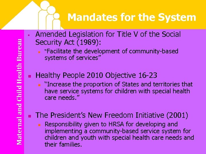 Mandates for the System Maternal and Child Health Bureau § Amended Legislation for Title