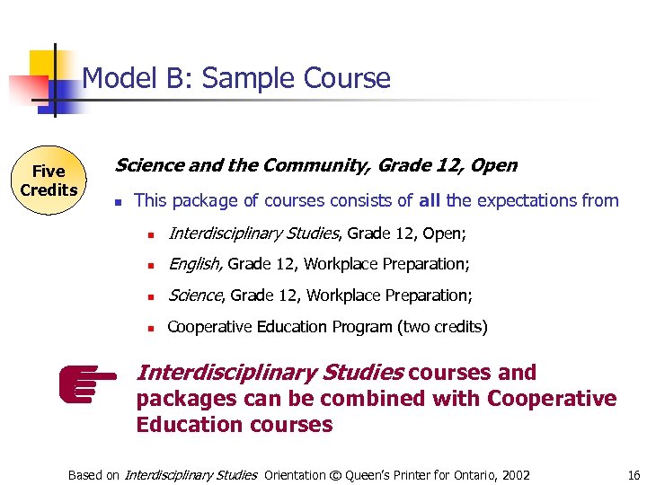 Model B: Sample Course Five Credits Science and the Community, Grade 12, Open n