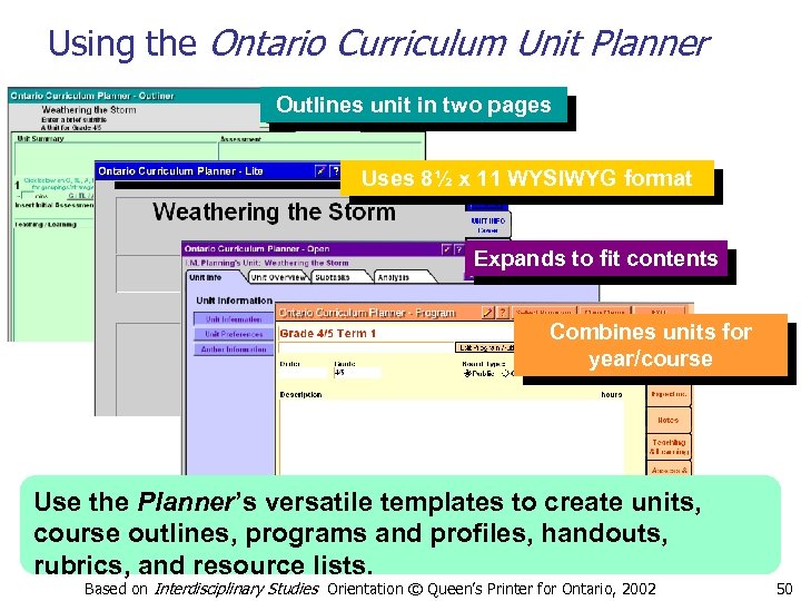 Using the Ontario Curriculum Unit Planner Outlines unit in two pages Uses 8½ x
