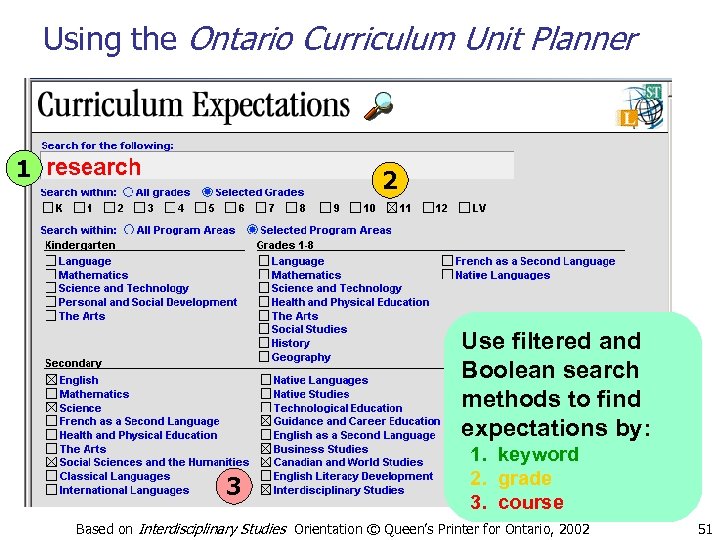 Using the Ontario Curriculum Unit Planner 1 2 Use filtered and Boolean search methods