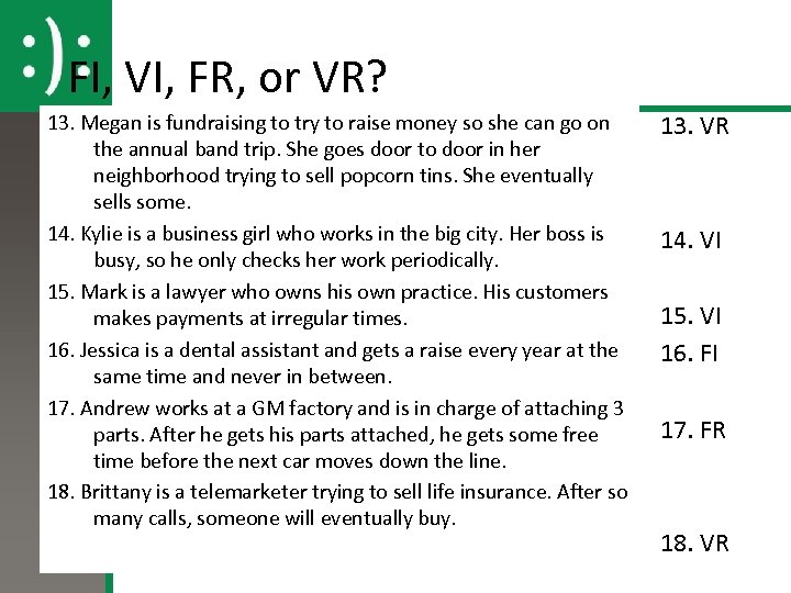 FI, VI, FR, or VR? 13. Megan is fundraising to try to raise money