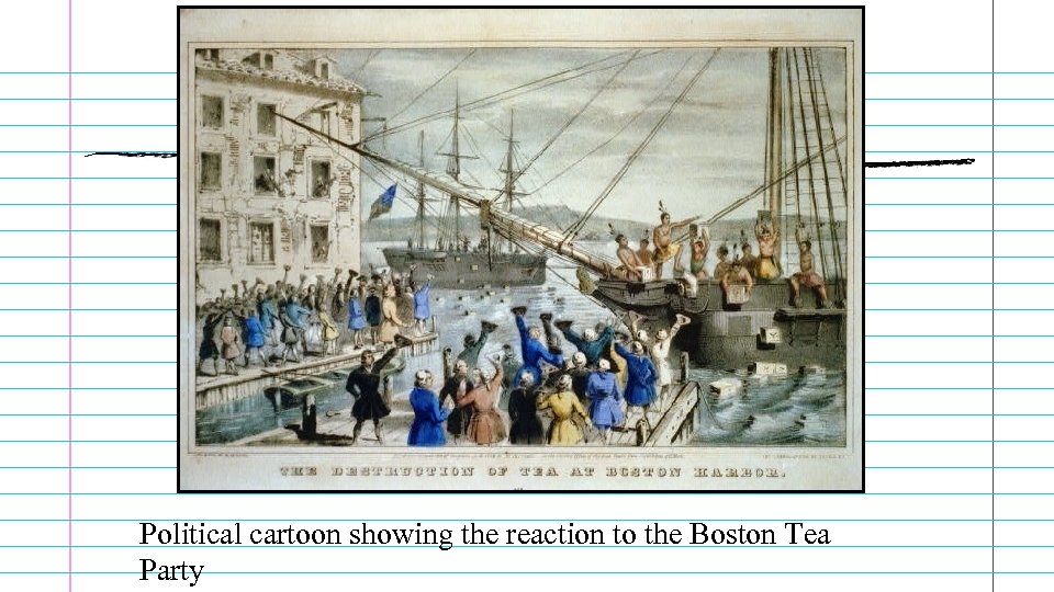 Political cartoon showing the reaction to the Boston Tea Party 