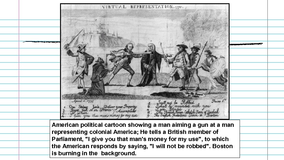 American political cartoon showing a man aiming a gun at a man representing colonial