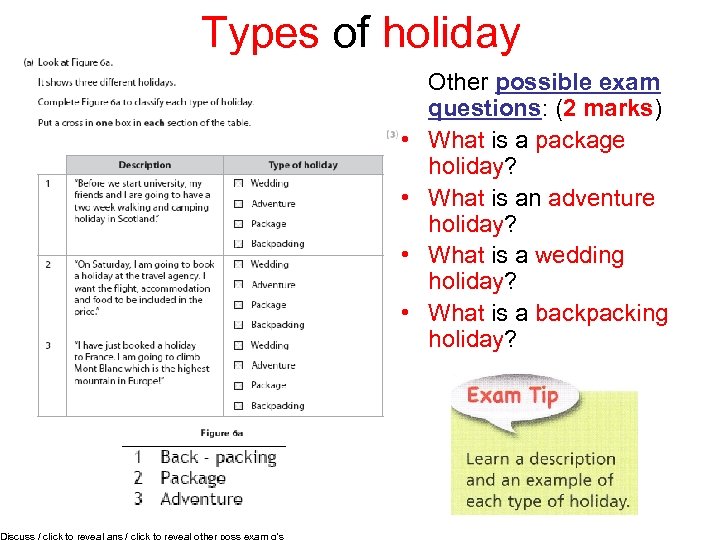 Types of holiday Discuss / click to reveal ans / click to reveal other