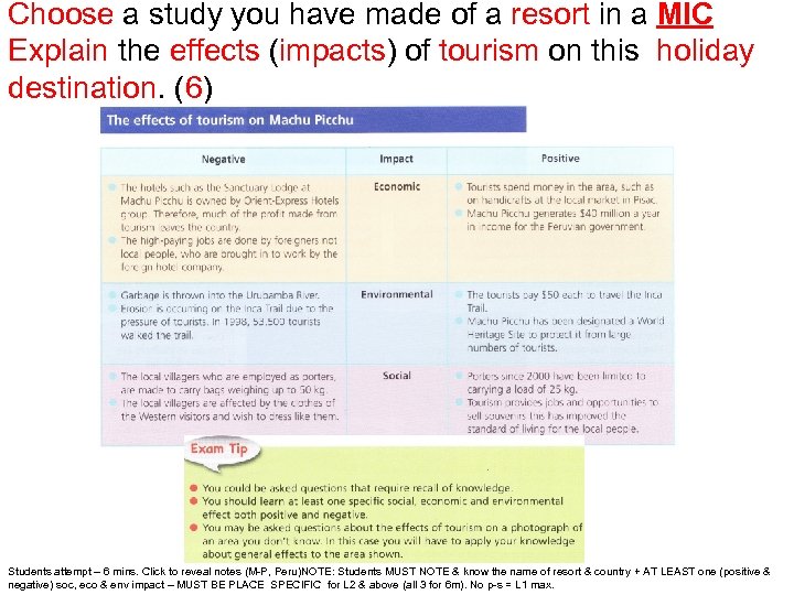 Choose a study you have made of a resort in a MIC Explain the