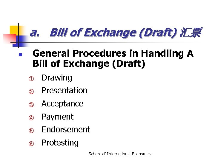 a. Bill of Exchange (Draft) 汇票 n General Procedures in Handling A Bill of