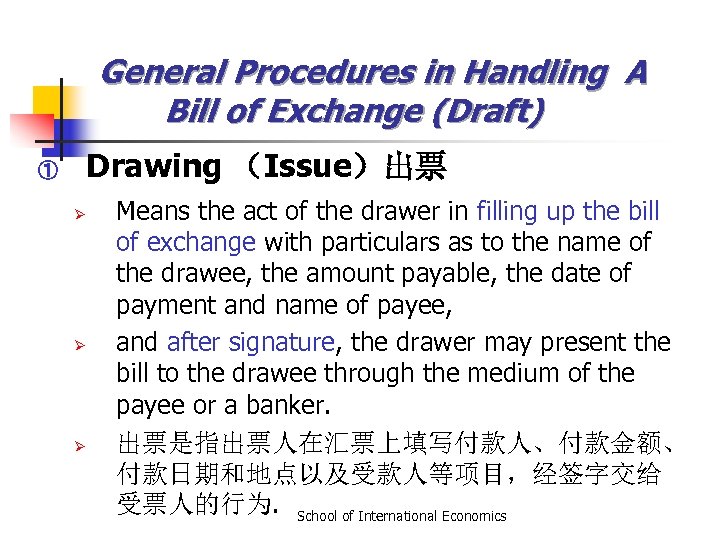 General Procedures in Handling A Bill of Exchange (Draft) Drawing （Issue）出票 ① Ø Ø