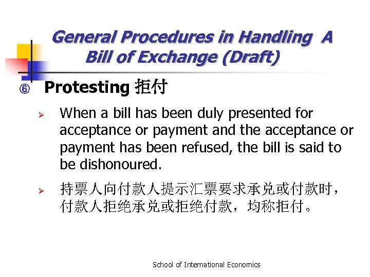 General Procedures in Handling A Bill of Exchange (Draft) ⑥ Protesting 拒付 Ø Ø