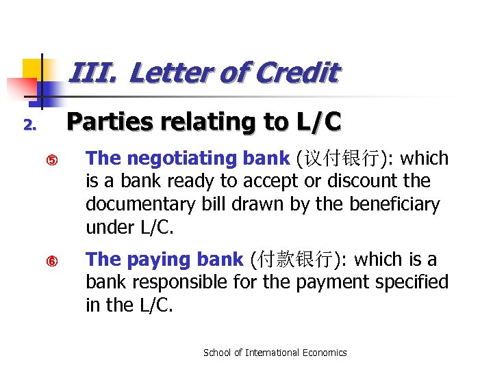 III. Letter of Credit Parties relating to L/C 2. ⑤ ⑥ The negotiating bank