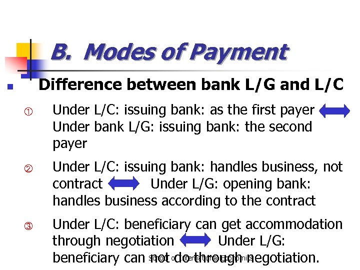 B. Modes of Payment Difference between bank L/G and L/C n ① ② ③