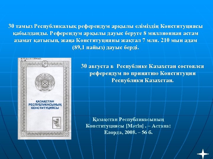 30 тамыз Республикалық референдум арқылы еліміздің Конституциясы қабылданды. Референдум арқылы дауыс беруге 8 миллионнан