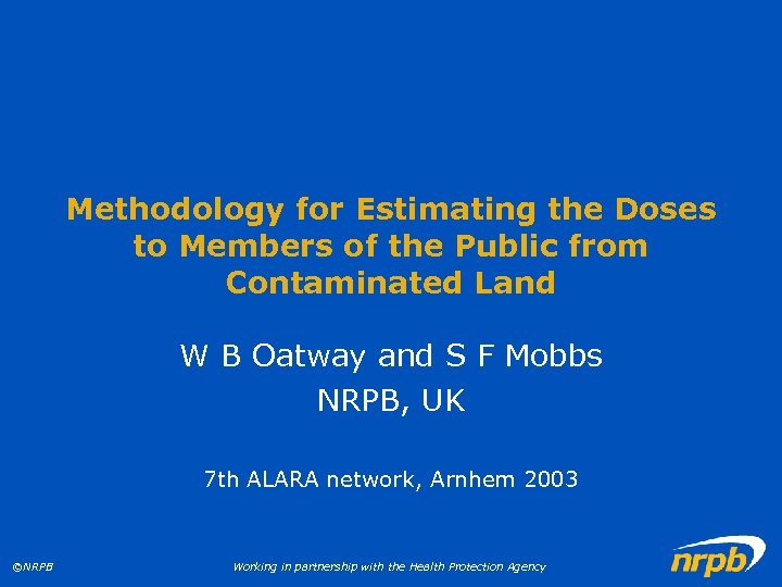 Methodology for Estimating the Doses to Members of the Public from Contaminated Land W