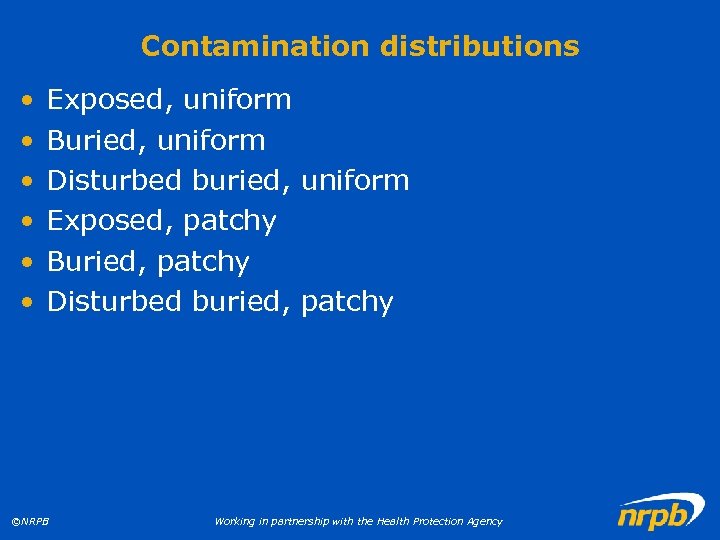 Contamination distributions • • • Exposed, uniform Buried, uniform Disturbed buried, uniform Exposed, patchy