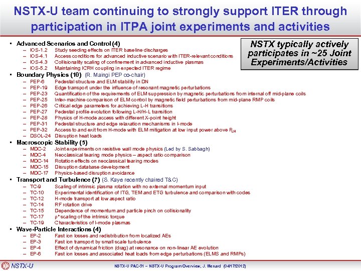 NSTX-U team continuing to strongly support ITER through participation in ITPA joint experiments and