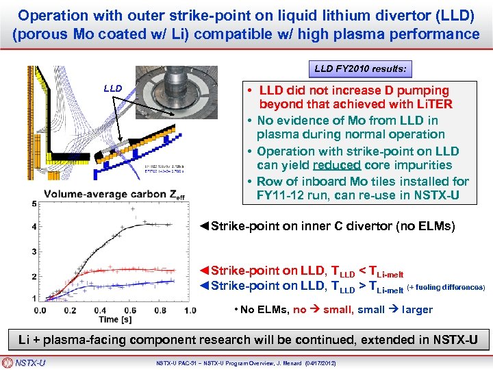 Operation with outer strike-point on liquid lithium divertor (LLD) (porous Mo coated w/ Li)