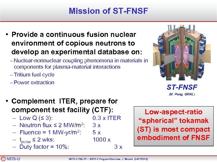 Mission of ST-FNSF • Provide a continuous fusion nuclear environment of copious neutrons to