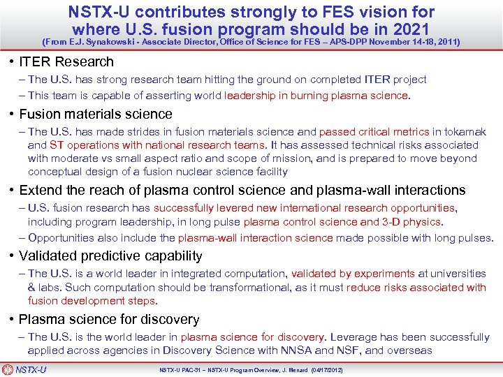 NSTX-U contributes strongly to FES vision for where U. S. fusion program should be