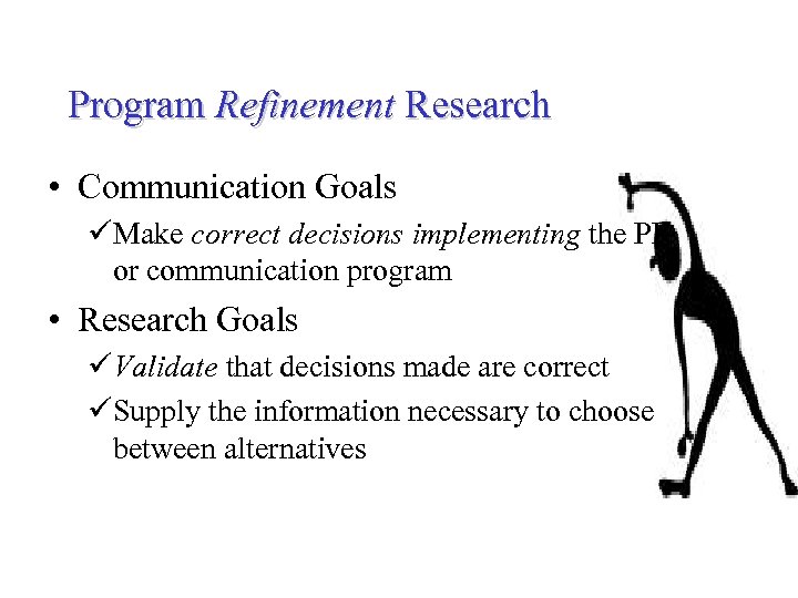 Program Refinement Research • Communication Goals üMake correct decisions implementing the PR or communication