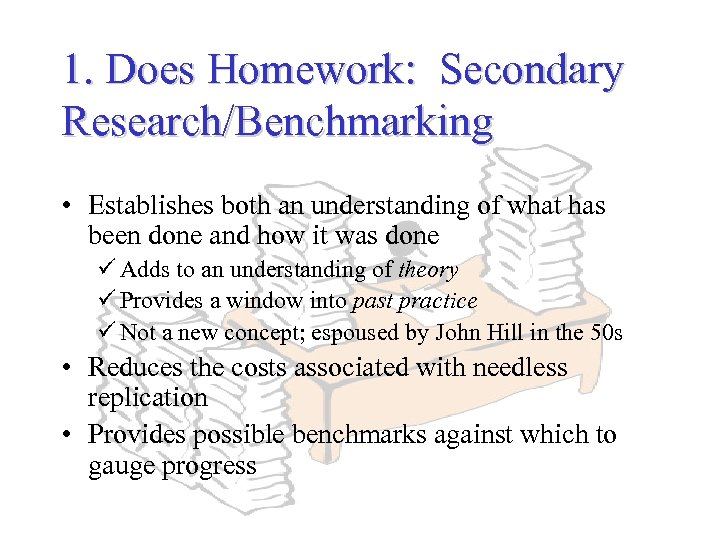1. Does Homework: Secondary Research/Benchmarking • Establishes both an understanding of what has been