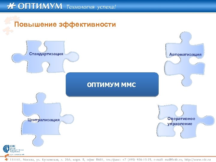 Повышение эффективности Стандартизация Автоматизация ОПТИМУМ ММС Централизация Оперативное управление 