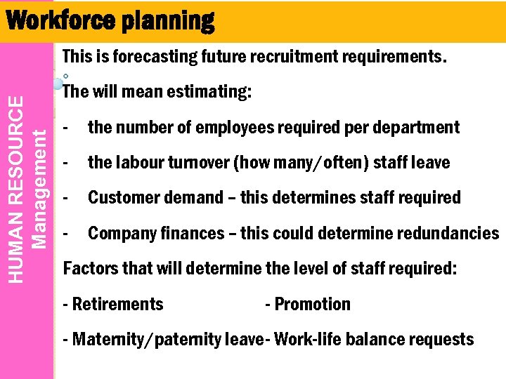 Workforce planning HUMAN RESOURCE Management This is forecasting future recruitment requirements. The will mean