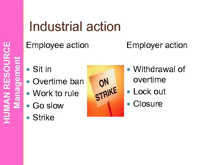 HUMAN RESOURCE Management Industrial action Employee action Sit in Overtime ban Work to rule