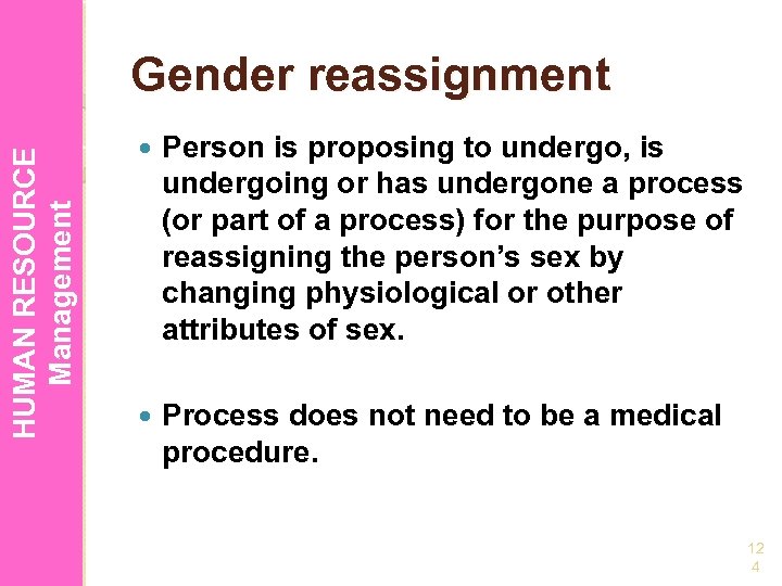 HUMAN RESOURCE Management Gender reassignment Person is proposing to undergo, is undergoing or has
