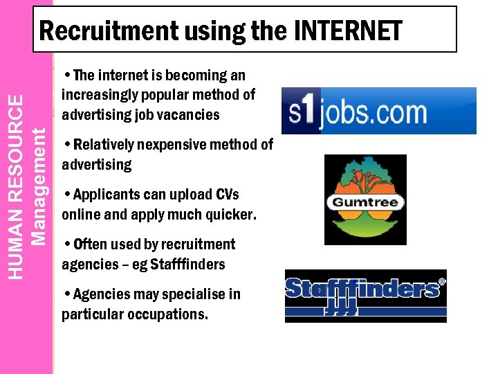 HUMAN RESOURCE Management Recruitment using the INTERNET • The internet is becoming an increasingly