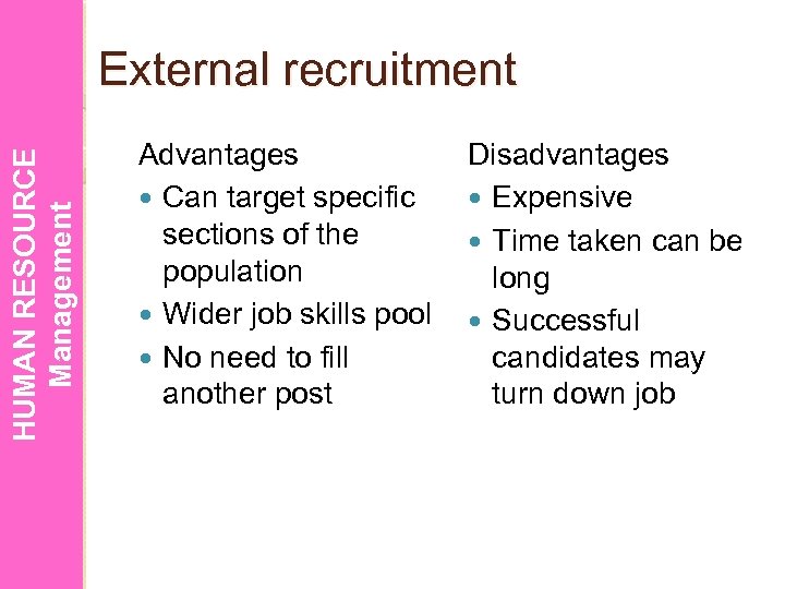 HUMAN RESOURCE Management External recruitment Advantages Can target specific sections of the population Wider