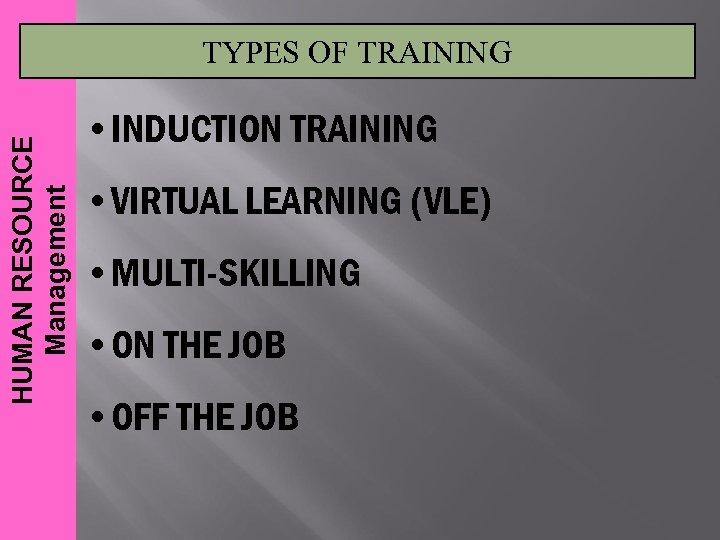 HUMAN RESOURCE Management TYPES OF TRAINING • INDUCTION TRAINING • VIRTUAL LEARNING (VLE) •