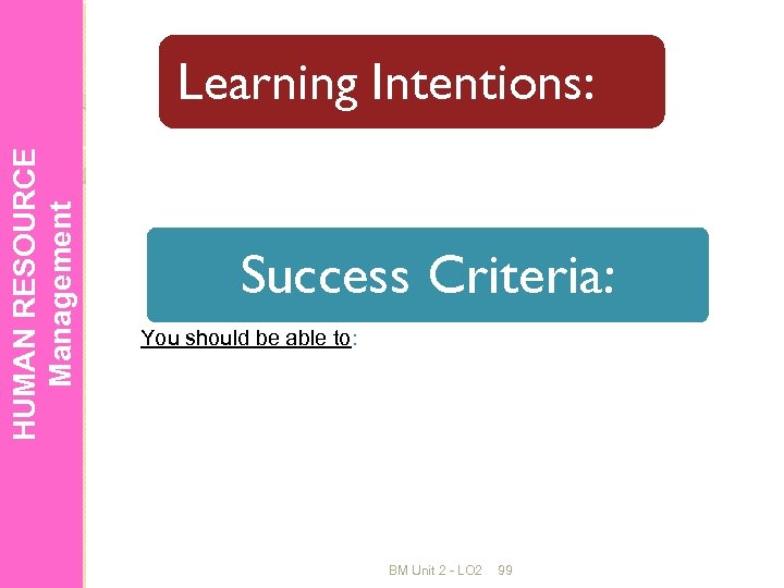 HUMAN RESOURCE Management Learning Intentions: Success Criteria: You should be able to: BM Unit